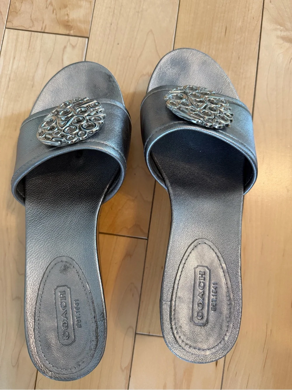 Vintage Coach Metallic Silver Slide Sandals with Signature Medallions